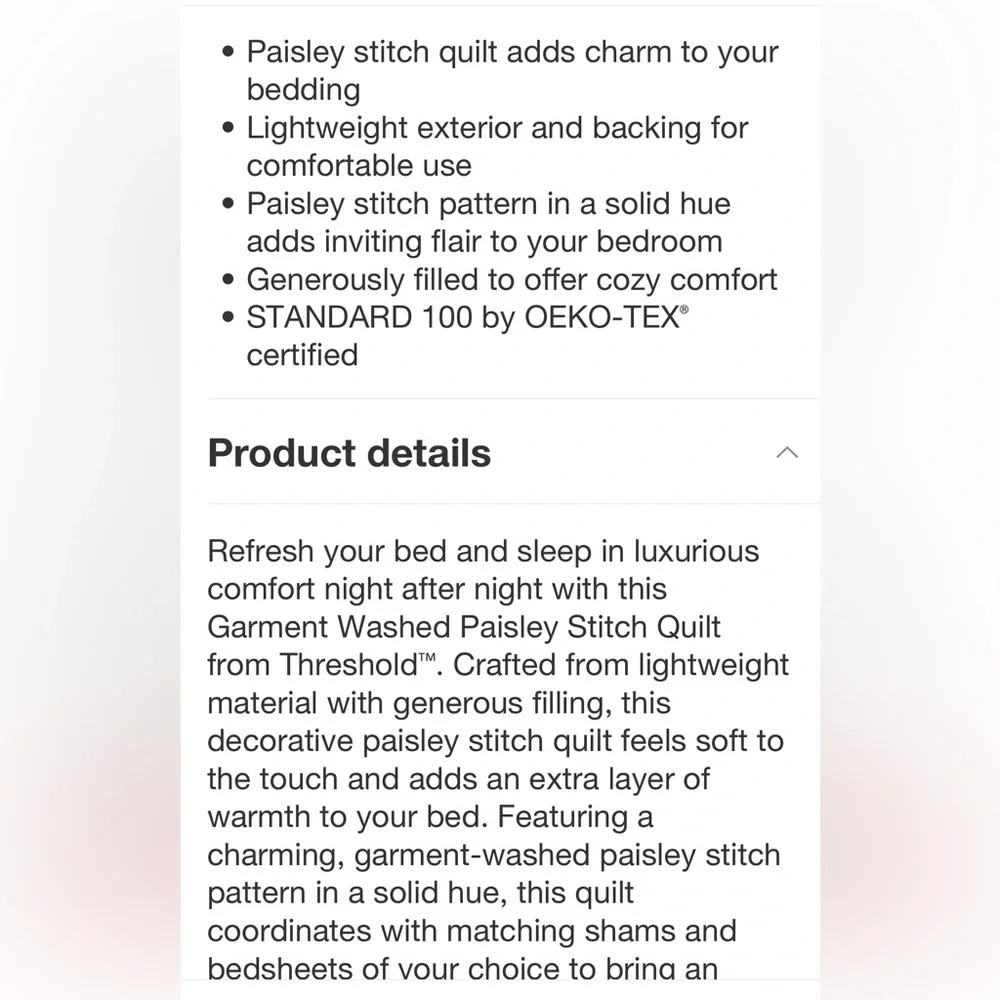 THRESHOLD NWT garment washed paisley stitch quilt -light gray -twin